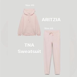 Aritzia TNA cozy fleece boyfriend hoodie and sweatpant in Crystal Pink